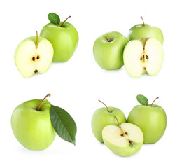 Fresh green apples isolated on white, set