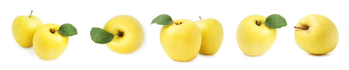 Fresh yellow apples isolated on white, set