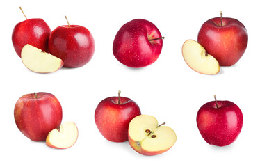 Fresh red apples isolated on white, set