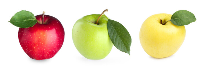 Different fresh apples isolated on white, set