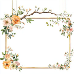 Fototapeta premium Floral frame design with peach and white flowers, greenery, and branch. Perfect for invitations or announcements, adding touch of elegance and nature