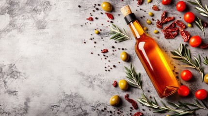 Olive Oil Bottle Surrounded by Cherry Tomatoes and Dried Herbs