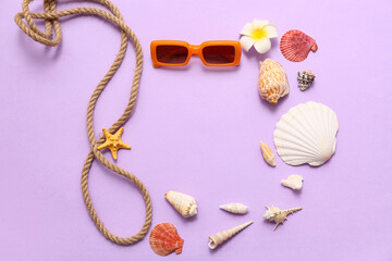 Rope, sunglasses and seashells on lilac background. Summer concept