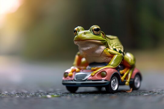 A green frog sits confidently on a small toy car, showcasing a whimsical and humorous vibe in a natural setting. Quirky Amphibian Journey