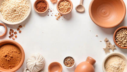 Artisan spices and ingredients arranged on a stone table, culinary creativity