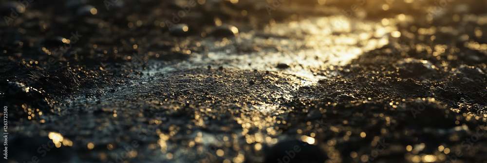 Poster texture of sparse bokeh with scattered points of light on a shimmering surface at sunset