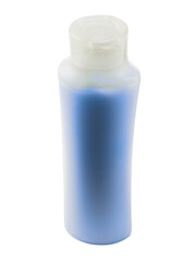 A bottle of ocean blue liquid soap with a white cap. The bottle is tall and slender. The blue liquid inside the bottle is clear and colorless. White background. Health and beauty product.