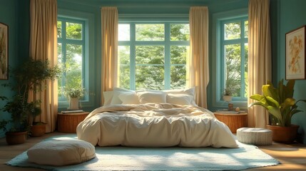 A bedroom with a large bed, a window, and a potted plant