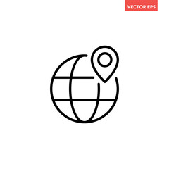 Single black globe with pin line icon, simple world map location flat design vector pictogram, infographic interface illustration elements for app logo web button ui isolated on white background