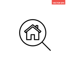 Black single house search line icon, simple search home glass flat design vector pictogram, infographic vector for app logo web button banner ui ux interface elements isolated on white background
