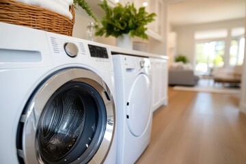 A stylish view of modern washing machines in a bright and airy laundry room, showcasing a fusion of functionality and contemporary design for everyday living.
