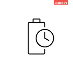 Black single long battery life line icon, simple battery time sync outline flat design vector pictogram, infographic interface elements for app logo web button ui ux isolated on white background