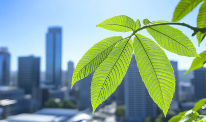 Green Leaf Close-Up with City Skyline Background Showcasing Urban Nature Contrast and Vibrant Environmental Beauty Under Clear Blue Sky