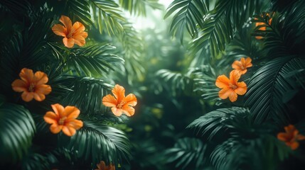 Tropical flowers, lush foliage, bright light, nature background, for use in design projects