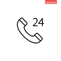Black single 24 hours support line icon, simple 24hr phone call flat design pictogram vector for app logo ads web webpage button ui ux interface elements isolated on white background