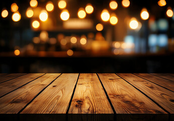 Wooden table top with blurred background of warm lights, creating cozy atmosphere perfect for gatherings or dining experiences