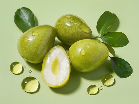 Fresh Kakadu Plums with Dew and Leaves &ndash; Superfood Ingredient for Skincare and Cosmetics
