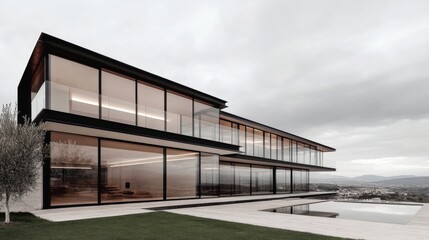 Fototapeta premium Modern glass house overlooking valley, luxurious retreat, serene landscape, perfect for a stock photo