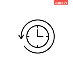 Black back time on clock line icon, simple linear round clock face flat design vector pictogram, infographic vector for app logo web button ui ux interface elements isolated on white background