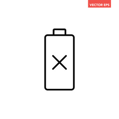 Black single dead battery indicator line icons, simple red color shape power level source running out flat design infographics vector, app web button ui interface element isolated on white background