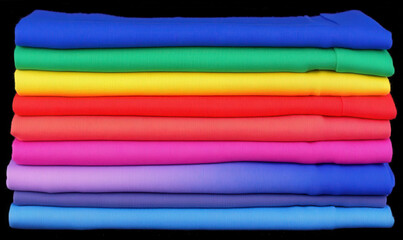 Stack of Vibrantly Colored Fabric Rolls Displayed in a Horizontal Arrangement, Showcasing a Rainbow of Textiles on a Black Background