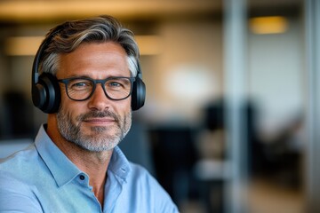 Obraz premium A mature man with glasses and gray hair wears headphones while confidently smiling, captured in a modern office setting, perfect for professional themes.