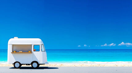 A white food truck parked on the side of a road next to the ocean