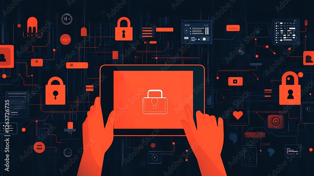 Poster hands using tablet with digital security lock and network connections.