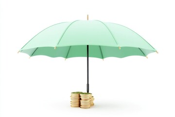 A light green open umbrella protects stacks of coins, symbolizing savings and financial security in a minimalist setting