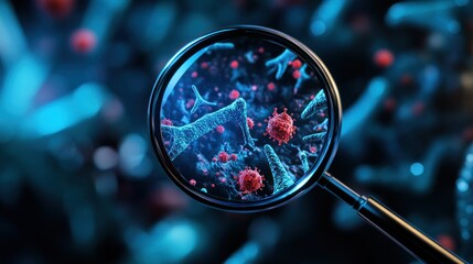 Magnifying glass searches and examines microorganisms focused on bacteria that grow in sick human bodies, displaying a medical biological background and knowledge
