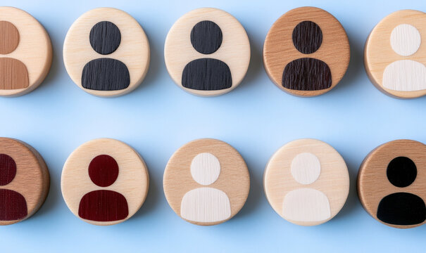Diverse Representation of Wooden User Icons on Soft Blue Background for Concepts Related to Community, Diversity, and User Experience Design
