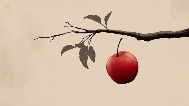 A single red apple hangs delicately on a thin branch with minimalistic, muted tones in the background, evoking simplicity and natural beauty. AI generated.