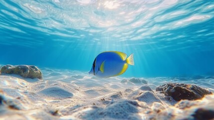 Fototapeta premium One of the most fascinating underwater fish the Powder Blue Tang Acanthurus leucosternon set against a nature background