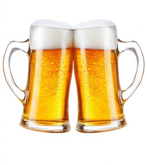 Two glasses of beer clinking together, isolated on a white background