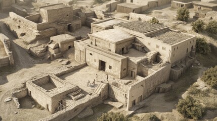 Aerial view of desert village, people playing, historical buildings, travel