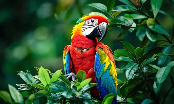 A vibrant parrot nestled among lush green foliage, with a deep emerald background highlighting its colorful feathers