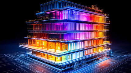 A 3D rendering of a building on top of a blueprint