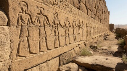 Ancient Egyptian carvings on desert temple wall