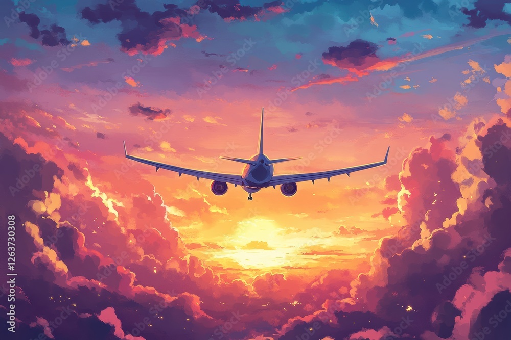 Poster beautiful sunset view with an airplane flying through colorful clouds in the evening sky. generative