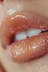 Fototapeta premium Close-up of glossy coral lips with sparkly glitter makeup effect showing white teeth, suitable for beauty and cosmetic advertising campaigns and editorial use.