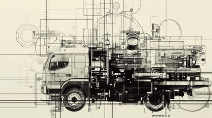 Geometric and detailed technical illustration of a modern industrial vehicle with mechanical systems and overlapping lines. A sleek and futuristic design. AI generated.