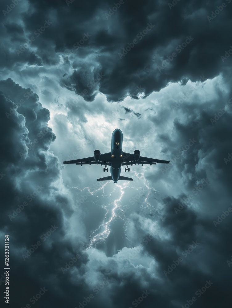 Poster airplane flying through stormy skies with dramatic lightning in the background during twilight hours