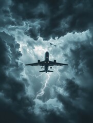 Naklejka premium Airplane flying through stormy skies with dramatic lightning in the background during twilight hours. Generative AI