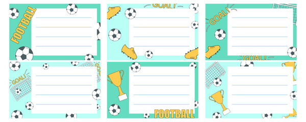 Set of colorful football themed notebook name stickers. Sport vector illustration