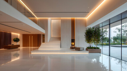 Fototapeta premium Modern villa lobby, staircase, fireplace, outdoor view
