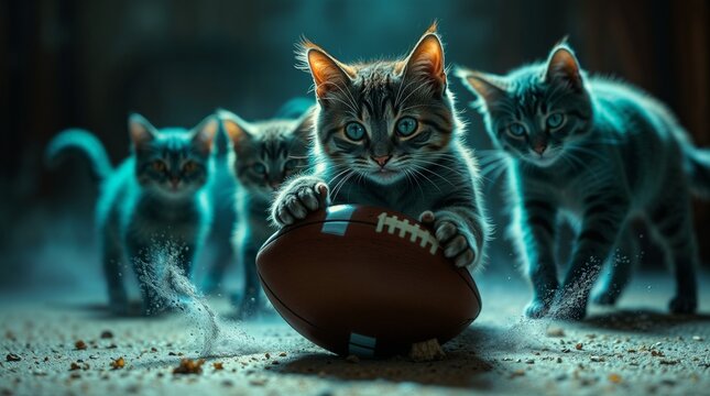 A team of beautiful cats plays American football enthusiastically