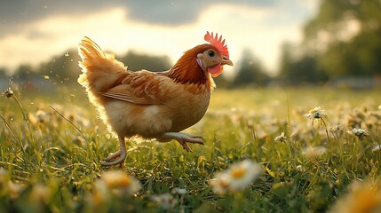 Fototapeta premium A lively chicken running through a sunlit field of daisies, with a serene background