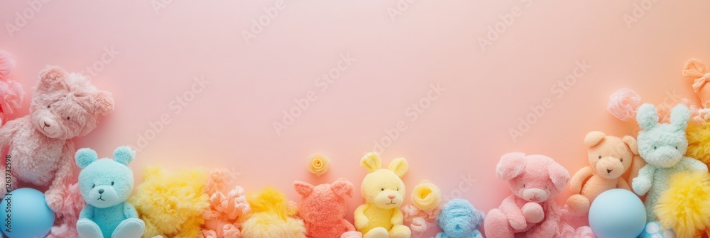 Poster colorful stuffed animals arranged on a pastel background with decorative elements for a cheerful set