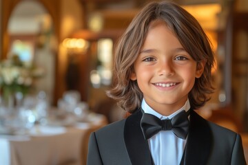 Young boy in formal attire smiling at a luxury restaurant during an elegant celebration
