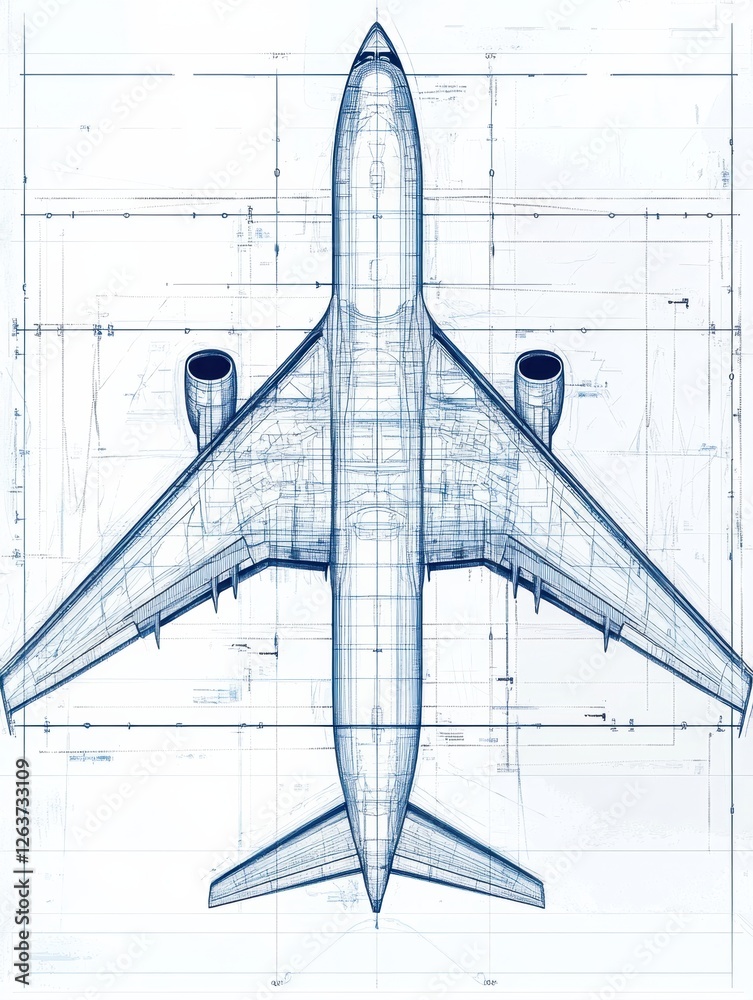 Fototapete Detailed blueprint of a commercial airplane showcasing technical design elements in a clear layout. Generative AI